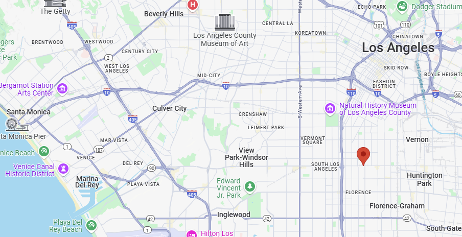Map of Los Angeles showing HPP Los Angeles south of downtown